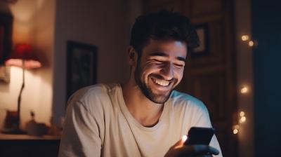 Man smiling and watching cat videos